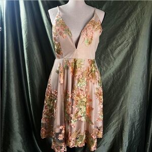 Selfie Leslie Floral Embroidered Dress - Pink and Green